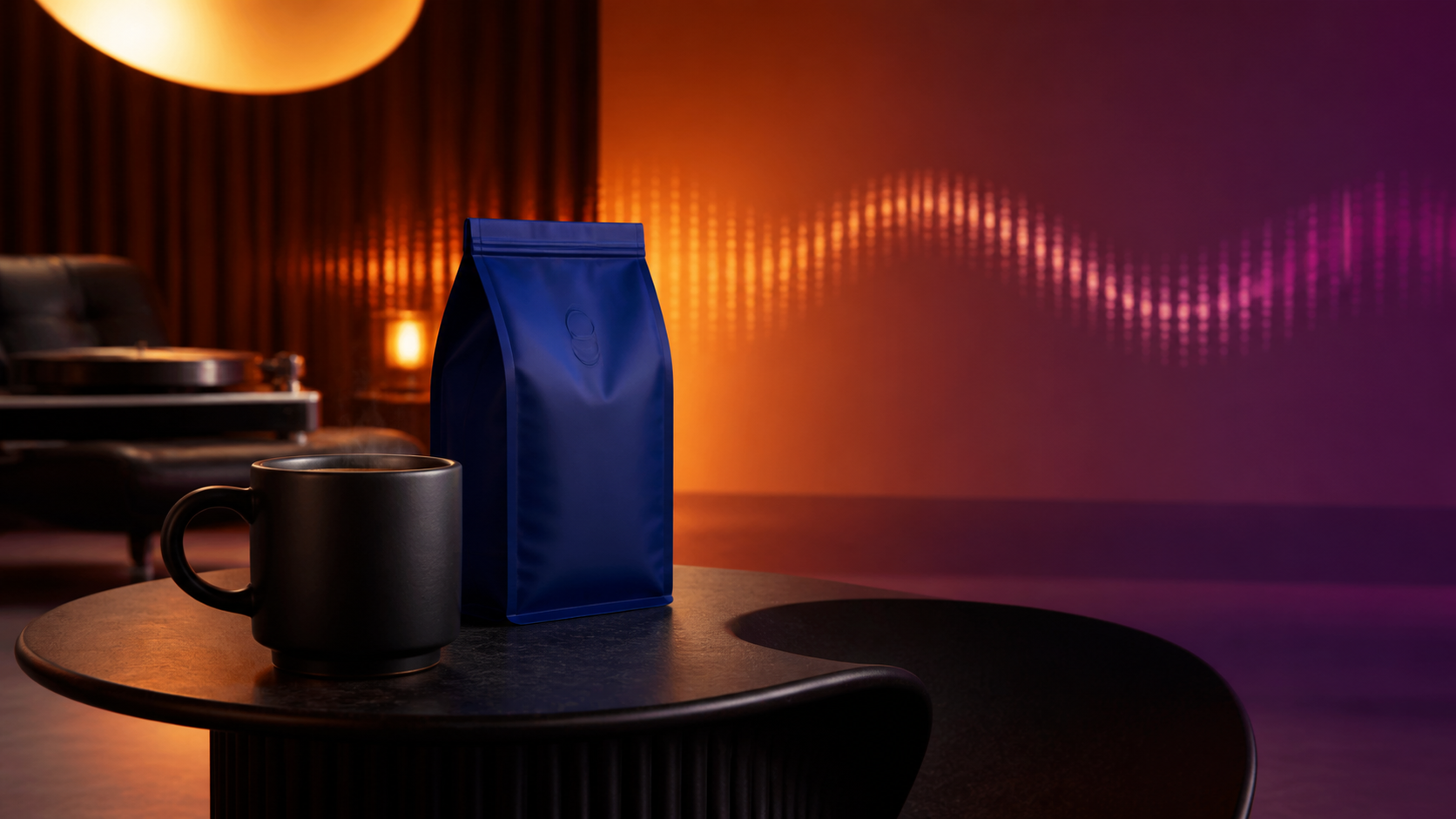 A black coffee cup and cobalt coffee bag lit by amber, plum, and blue music-inspired light