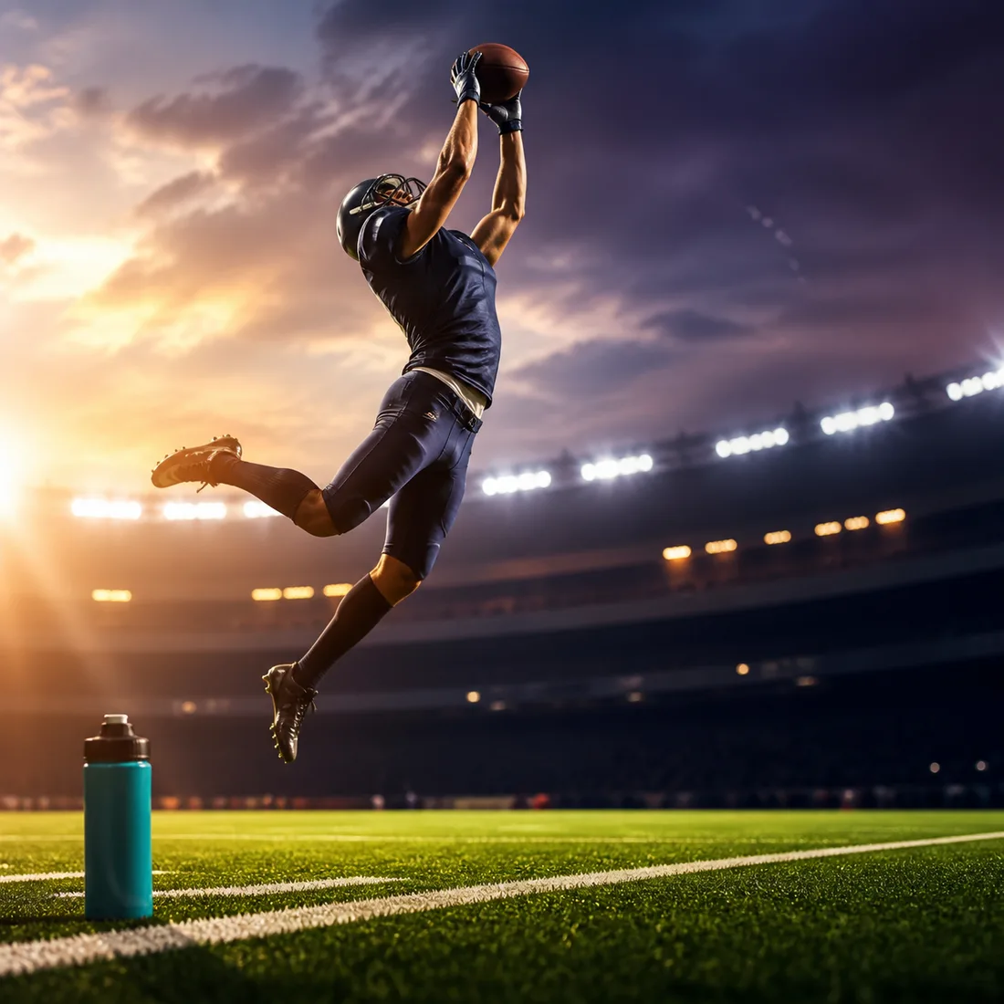 An anonymous unbranded football player making a catch above a field beside a teal hydration bottle